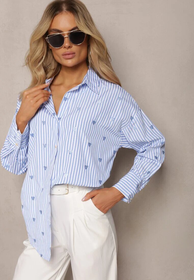 melya by melody Cămașă de bumbac albastru deschis decorată cu model cu dungi subțiri și inimioare Vatille
