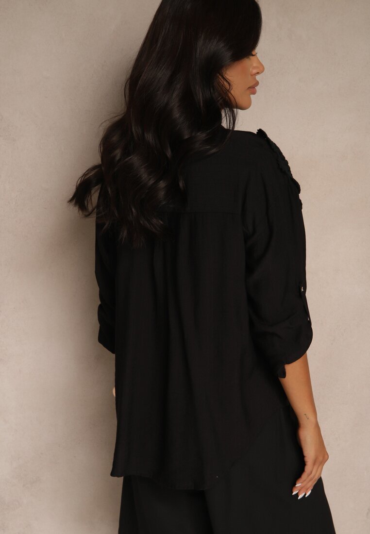 melya by melody Cămașă Neagră Oversize din In și Viscoză Decorată cu Aplicații cu Flori Varreia