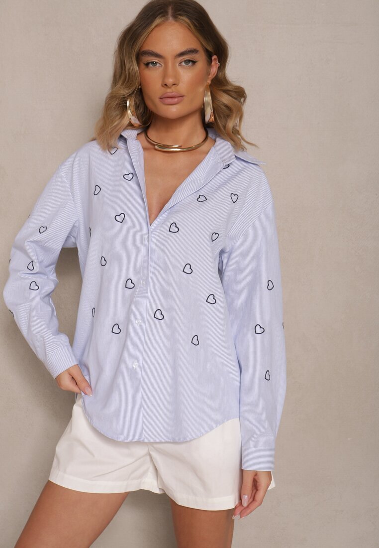 melya by melody Cămașă Oversize albastru-marin cu dungi brodată cu inimioare Nitavela