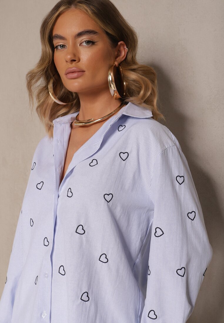 melya by melody Cămașă Oversize albastru-marin cu dungi brodată cu inimioare Nitavela