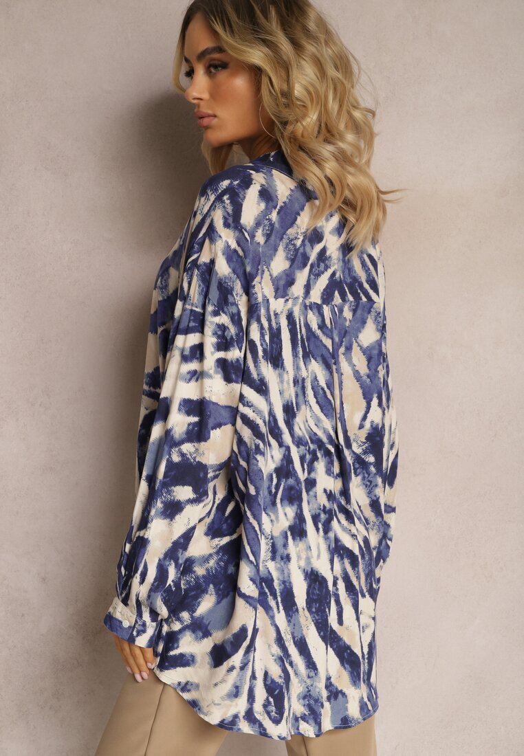 melya by melody Cămașă Oversize Bej-Bleumarin din Viscoză cu Model Abstract în Dungi Frilina