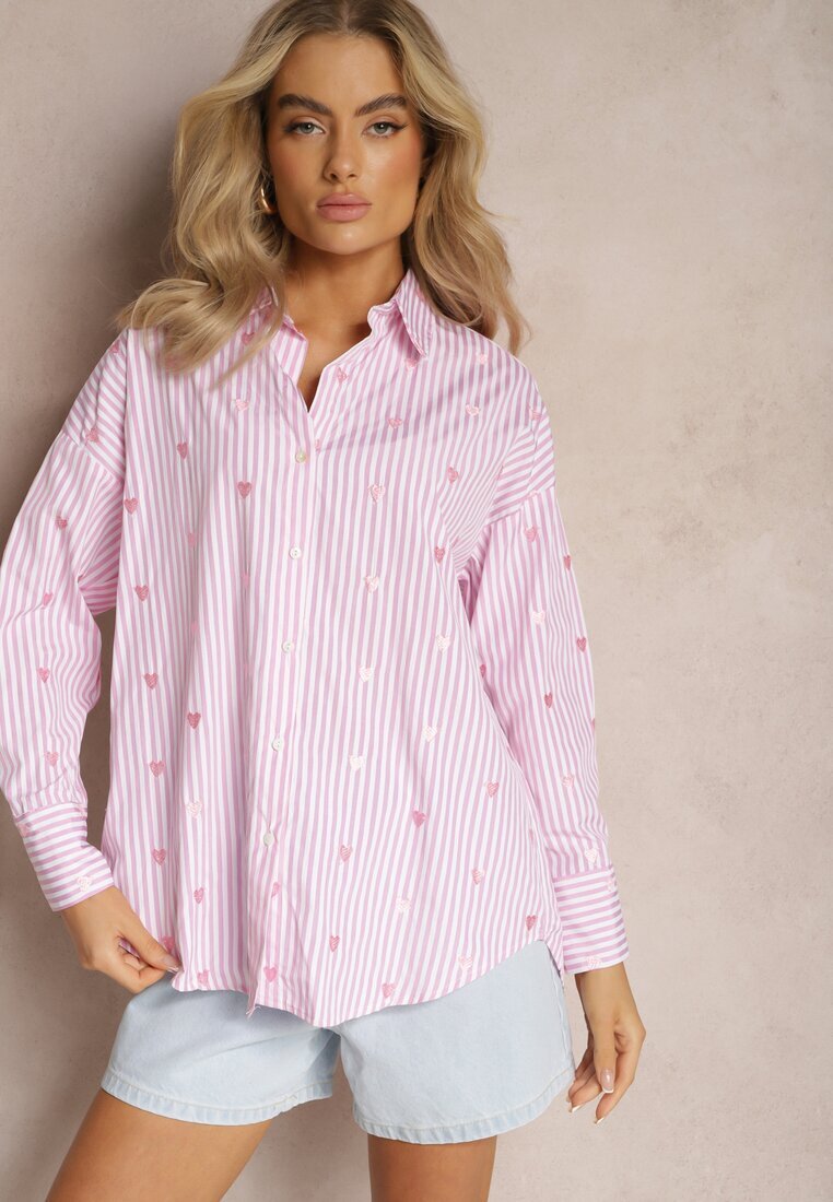 melya by melody Cămașă Roz din Bumbac Decorată cu un Model cu Dungi Subțiri și Inimioare Vatille