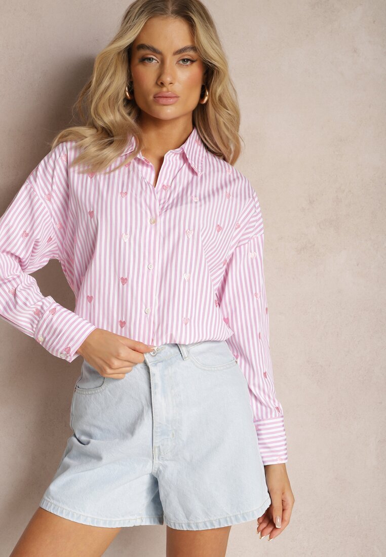 melya by melody Cămașă Roz din Bumbac Decorată cu un Model cu Dungi Subțiri și Inimioare Vatille