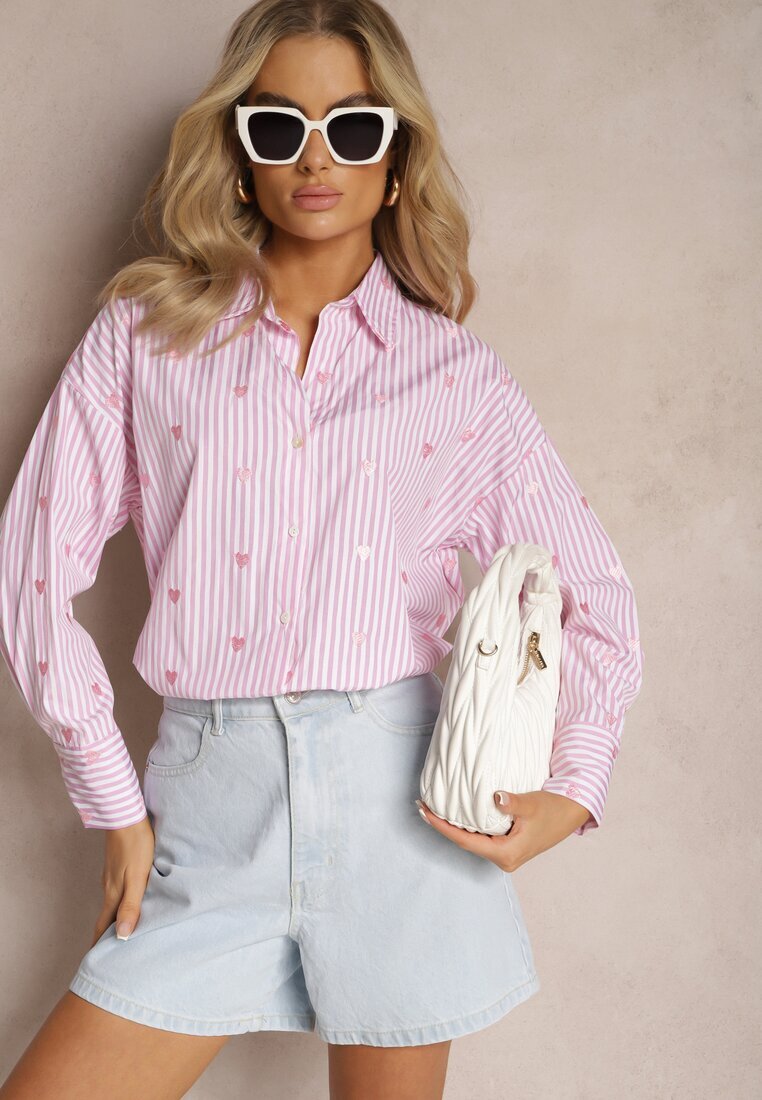 melya by melody Cămașă Roz din Bumbac Decorată cu un Model cu Dungi Subțiri și Inimioare Vatille