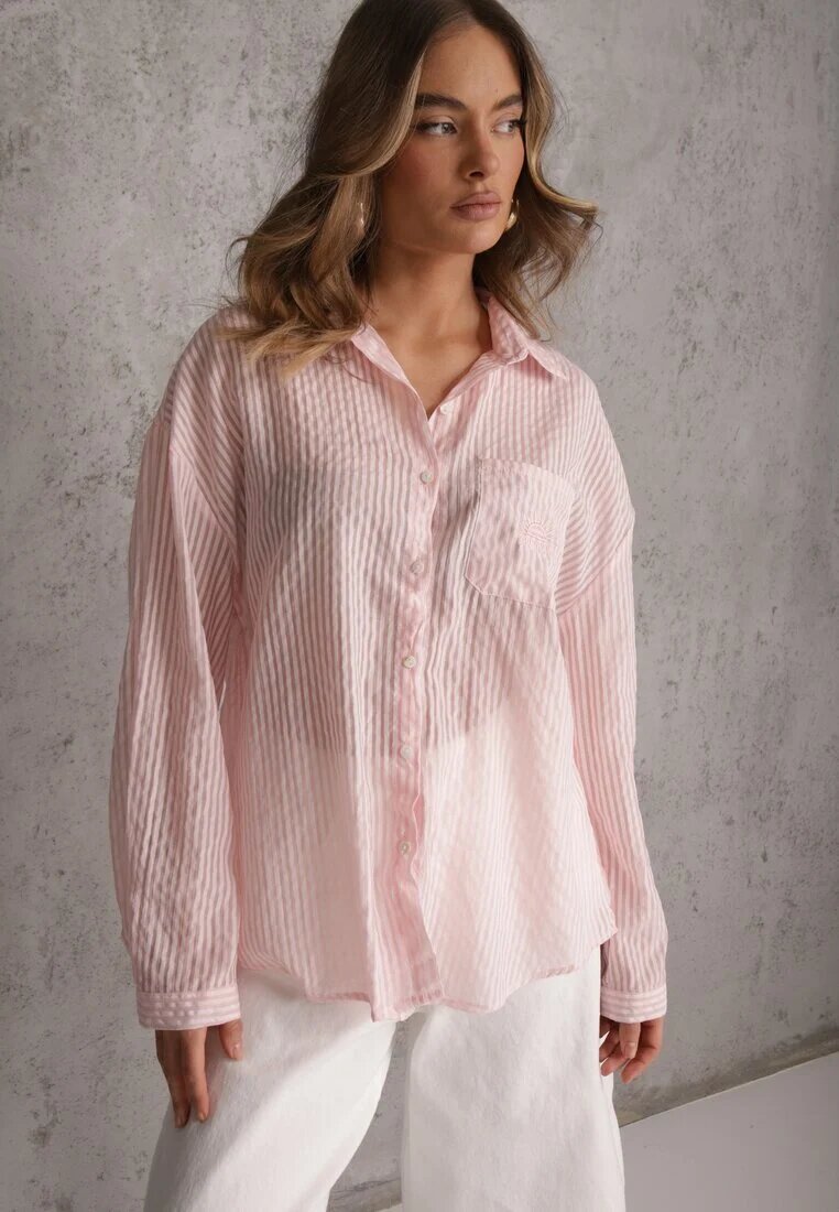 melya by melody Cămașă Roz Oversize din Tencel în Dungi cu Model Brodat Tidore