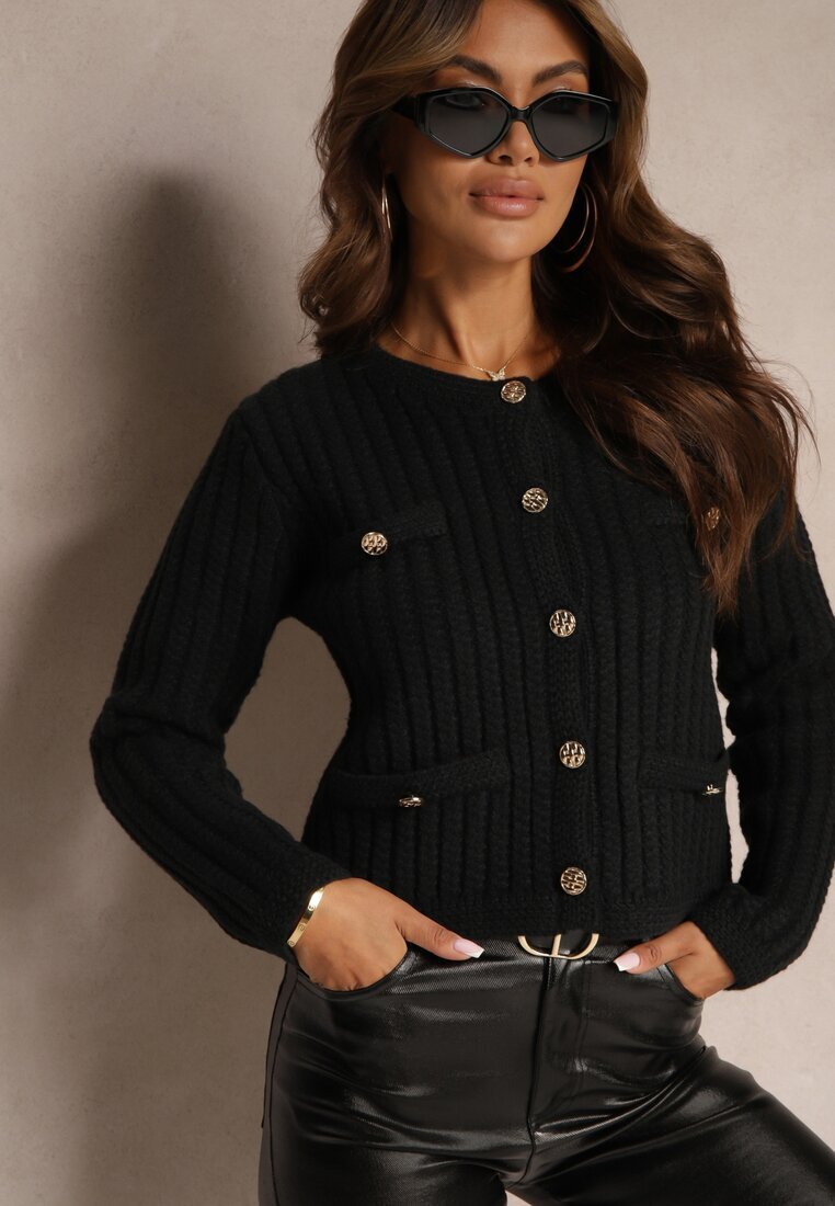 melya by melody Cardigan Negru cu Amestec de Lână cu Împletitură Decorativă nasturi și Imitație de Buzunare Merica