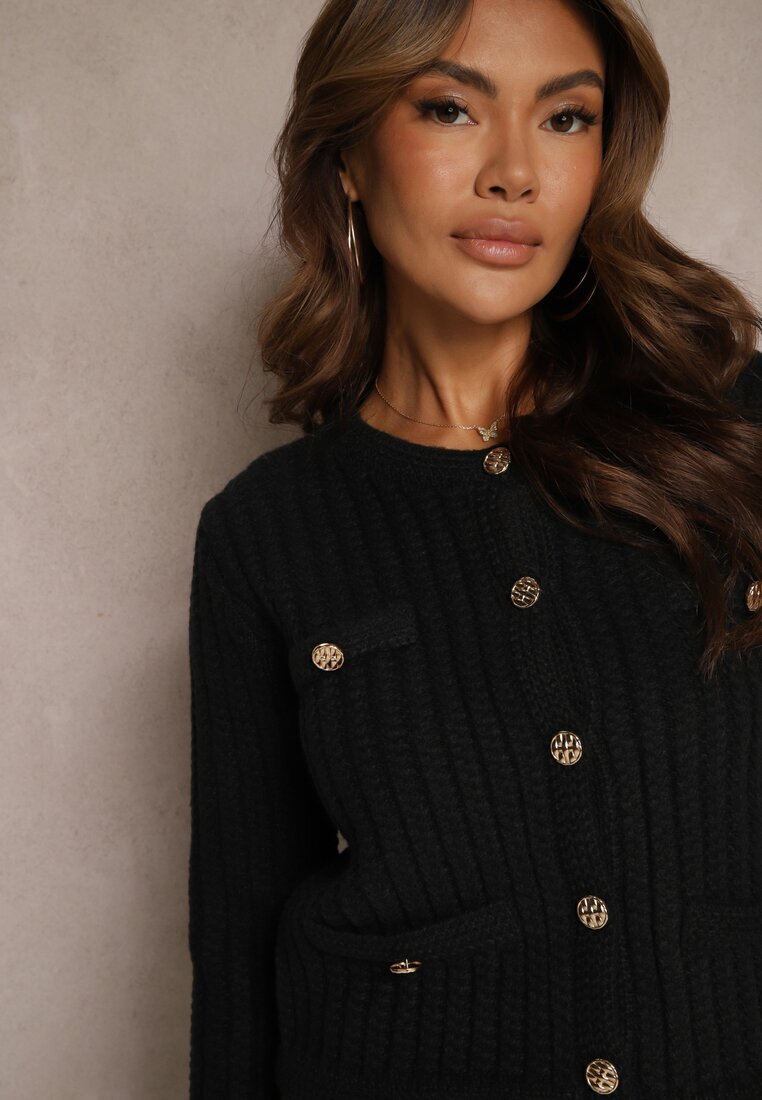 melya by melody Cardigan Negru cu Amestec de Lână cu Împletitură Decorativă nasturi și Imitație de Buzunare Merica