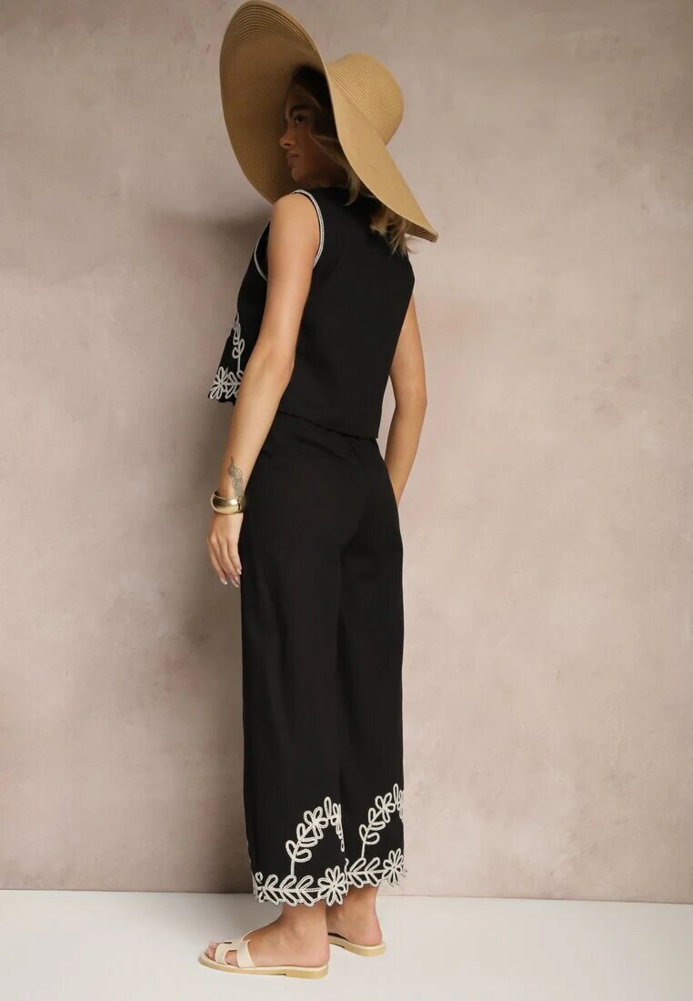 melya by melody Compleu Negru de Bumbac cu Broderie Decorativă Vestă și Pantaloni Sesoviela