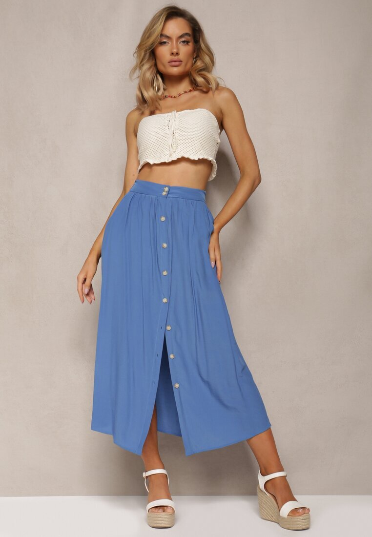 melya by melody Fustă Cloș Albastră Maxi cu Elastic în Talie și cu Buzunare Kendrani