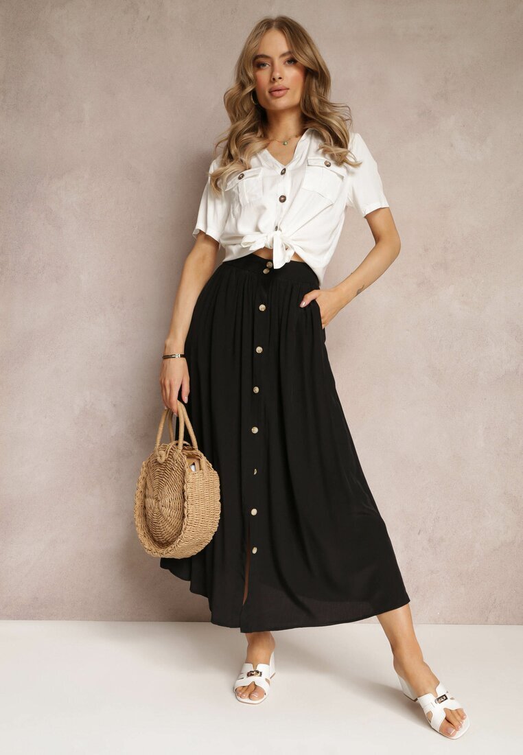 melya by melody Fustă Maxi Cloș Neagră cu elastic în talie și buzunare Kendrani