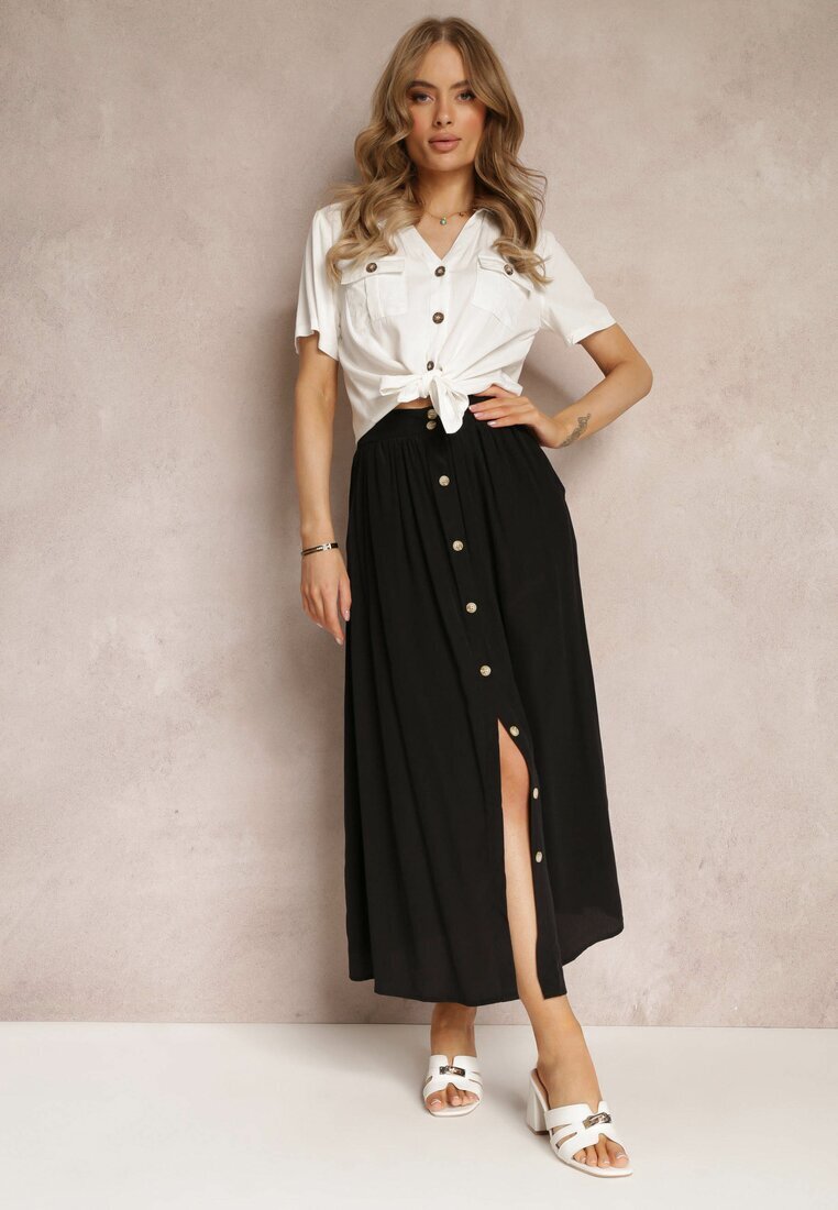 melya by melody Fustă Maxi Cloș Neagră cu elastic în talie și buzunare Kendrani