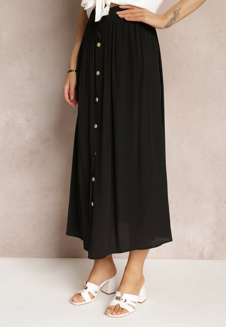 melya by melody Fustă Maxi Cloș Neagră cu elastic în talie și buzunare Kendrani