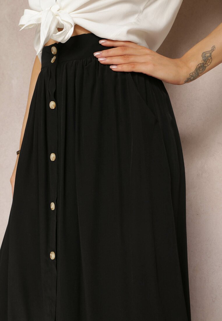 melya by melody Fustă Maxi Cloș Neagră cu elastic în talie și buzunare Kendrani