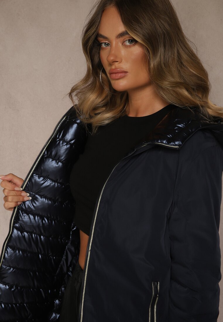 melya by melody Geacă bleumarin reversibilă cu glugă și cusături matlasate Alirrise