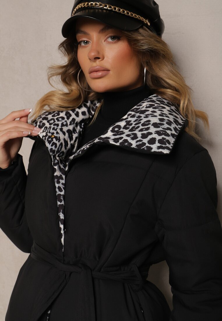 melya by melody Geacă Lungă Negru-Gri cu Cusături Matlasate și Guler Leopard Legată în Talie Tilfezi