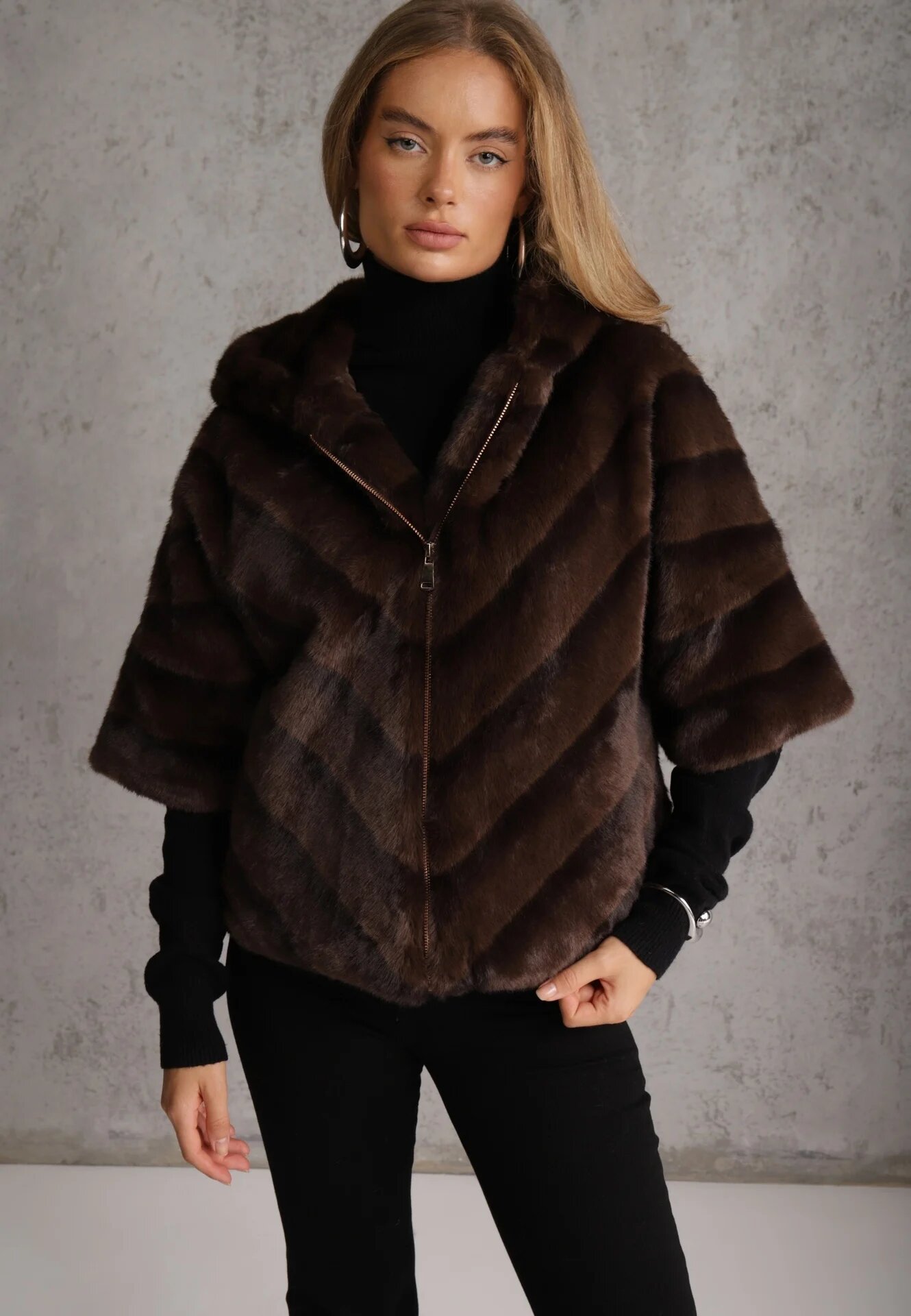 melya by melody Geacă Maro de Blană Croi Oversize Cu Glugă și Mâneci 3/4 Titene