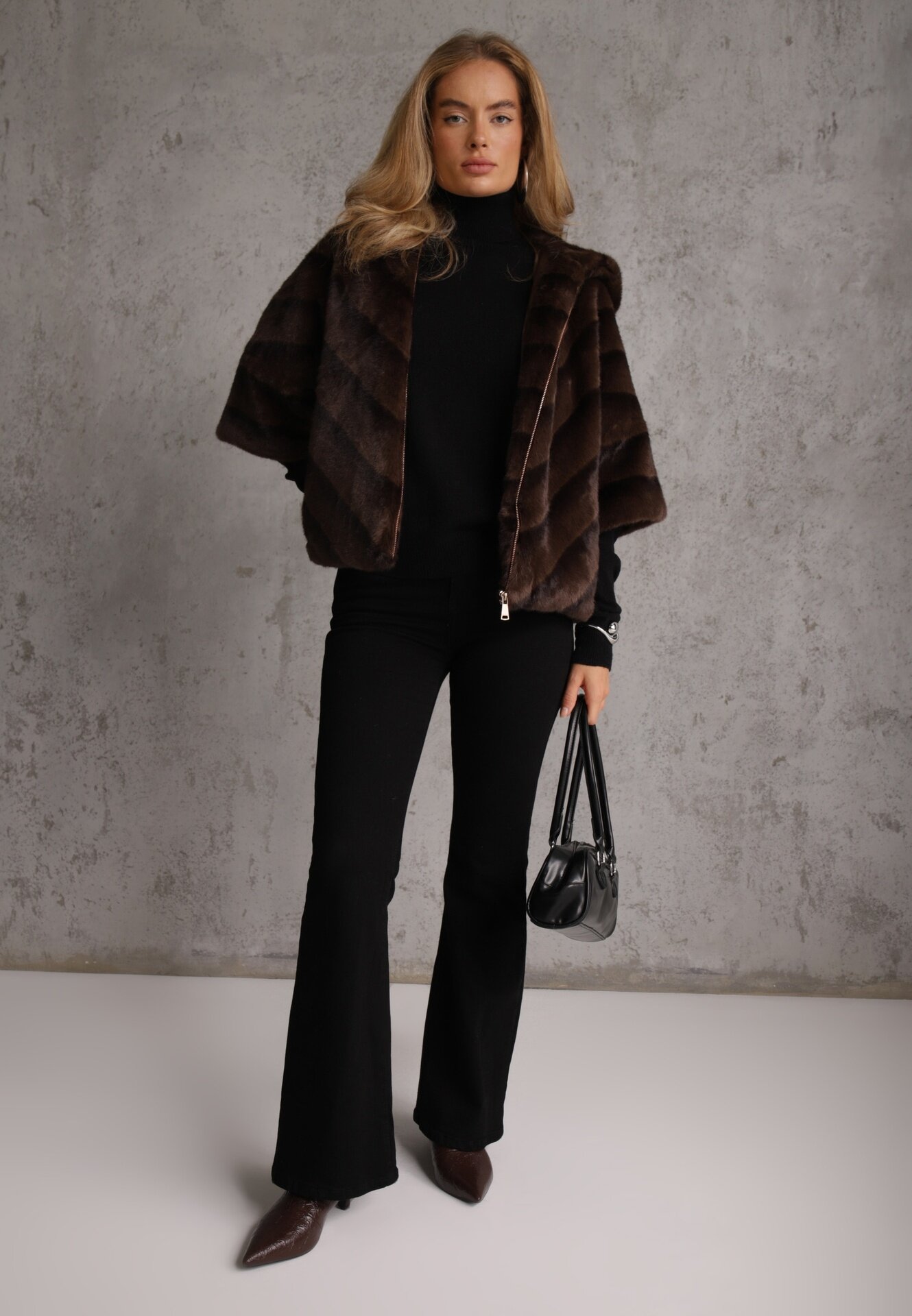 melya by melody Geacă Maro de Blană Croi Oversize Cu Glugă și Mâneci 3/4 Titene