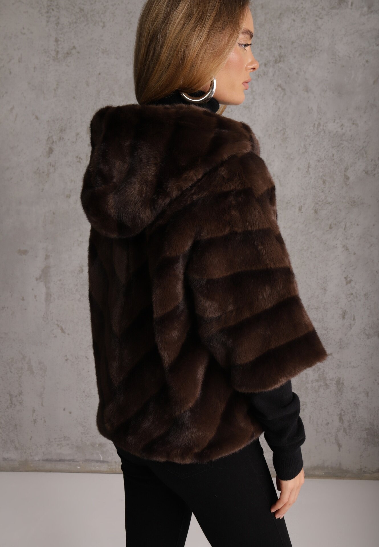 melya by melody Geacă Maro de Blană Croi Oversize Cu Glugă și Mâneci 3/4 Titene