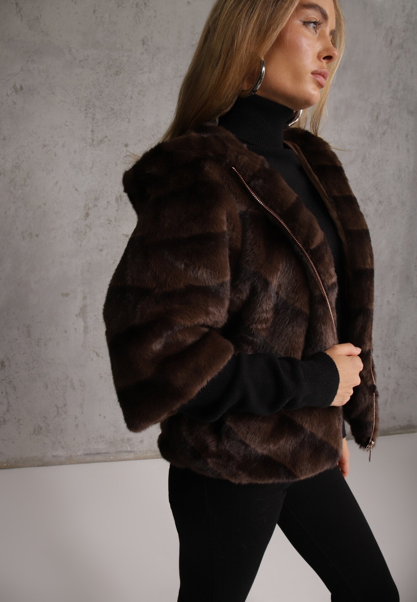 melya by melody Geacă Maro de Blană Croi Oversize Cu Glugă și Mâneci 3/4 Titene