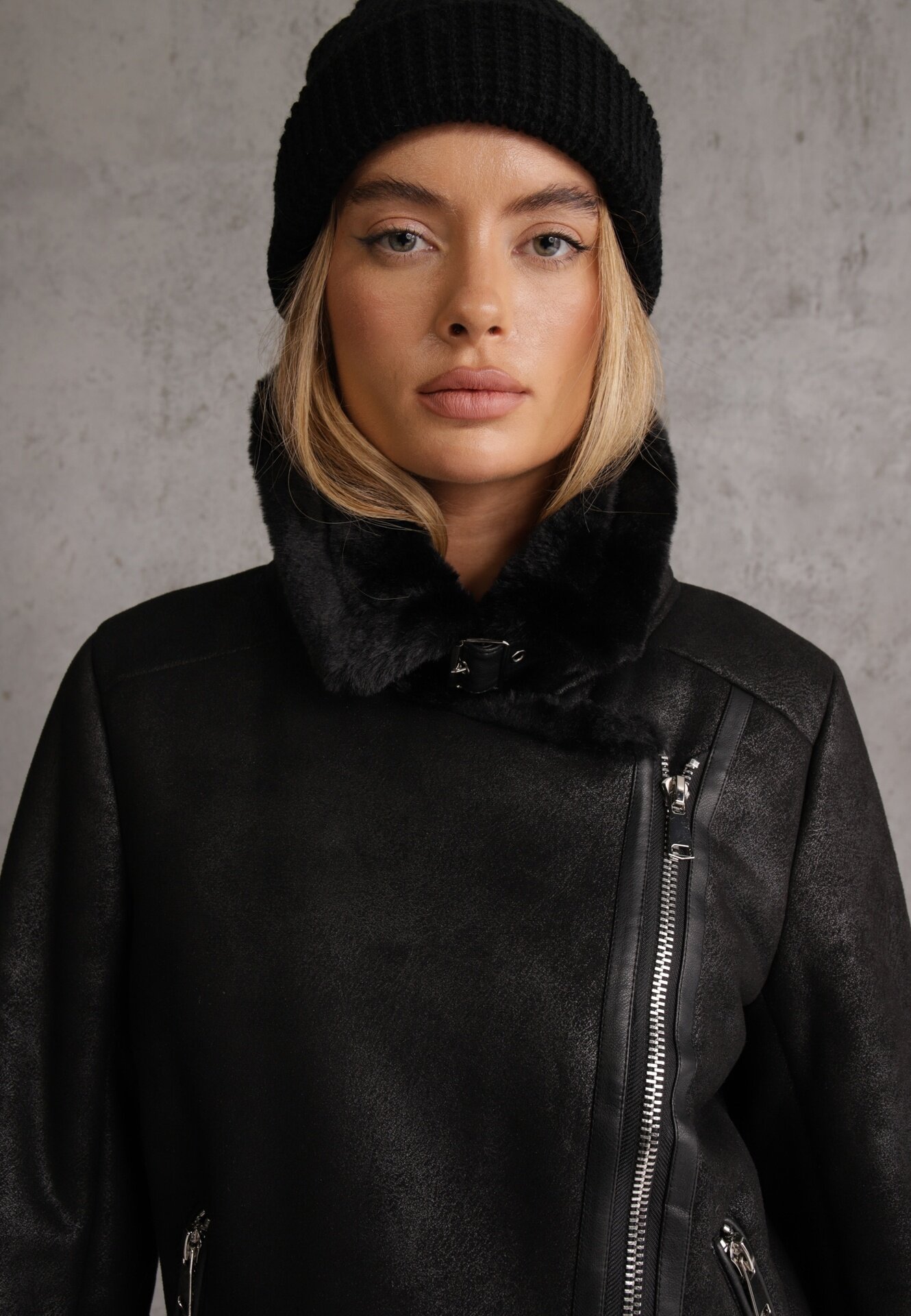 melya by melody Geacă Neagră Biker cu Blană Decorativă și Curea cu Cataramă Emaro
