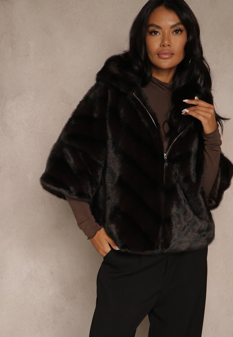 melya by melody Geacă Neagră de Blană croi Oversize cu Glugă și Mâneci 3/4 Titene