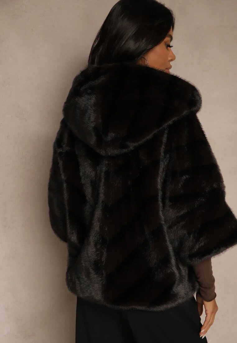 melya by melody Geacă Neagră de Blană croi Oversize cu Glugă și Mâneci 3/4 Titene