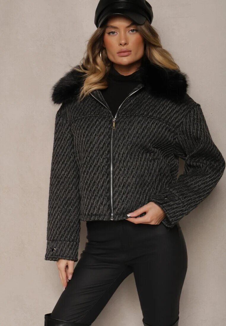 melya by melody Geacă Neagră Elegantă cu Guler din Blană și Fir Strălucitor Vertilora