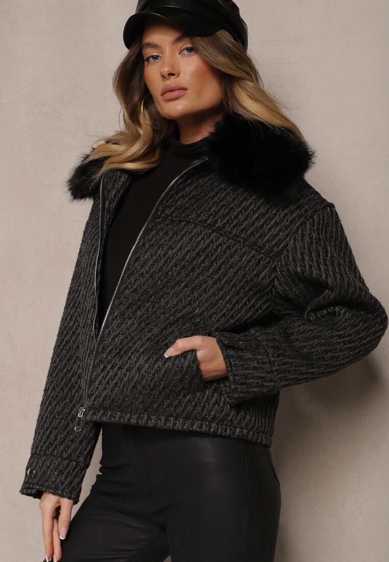 melya by melody Geacă Neagră Elegantă cu Guler din Blană și Fir Strălucitor Vertilora