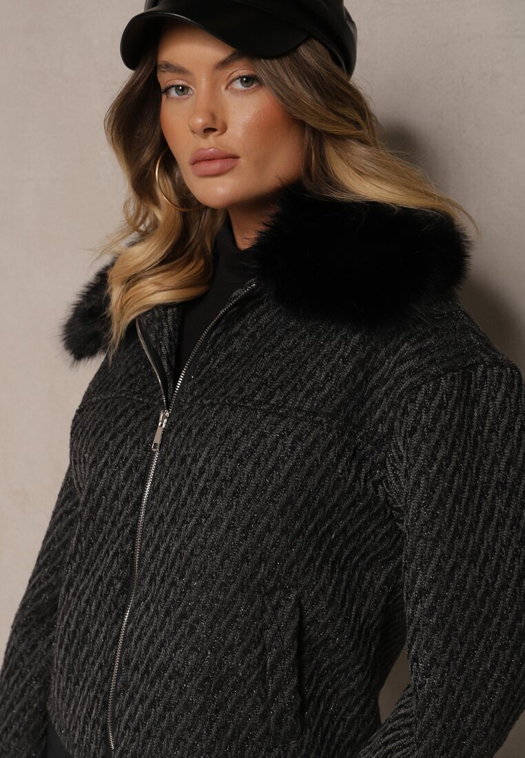 melya by melody Geacă Neagră Elegantă cu Guler din Blană și Fir Strălucitor Vertilora