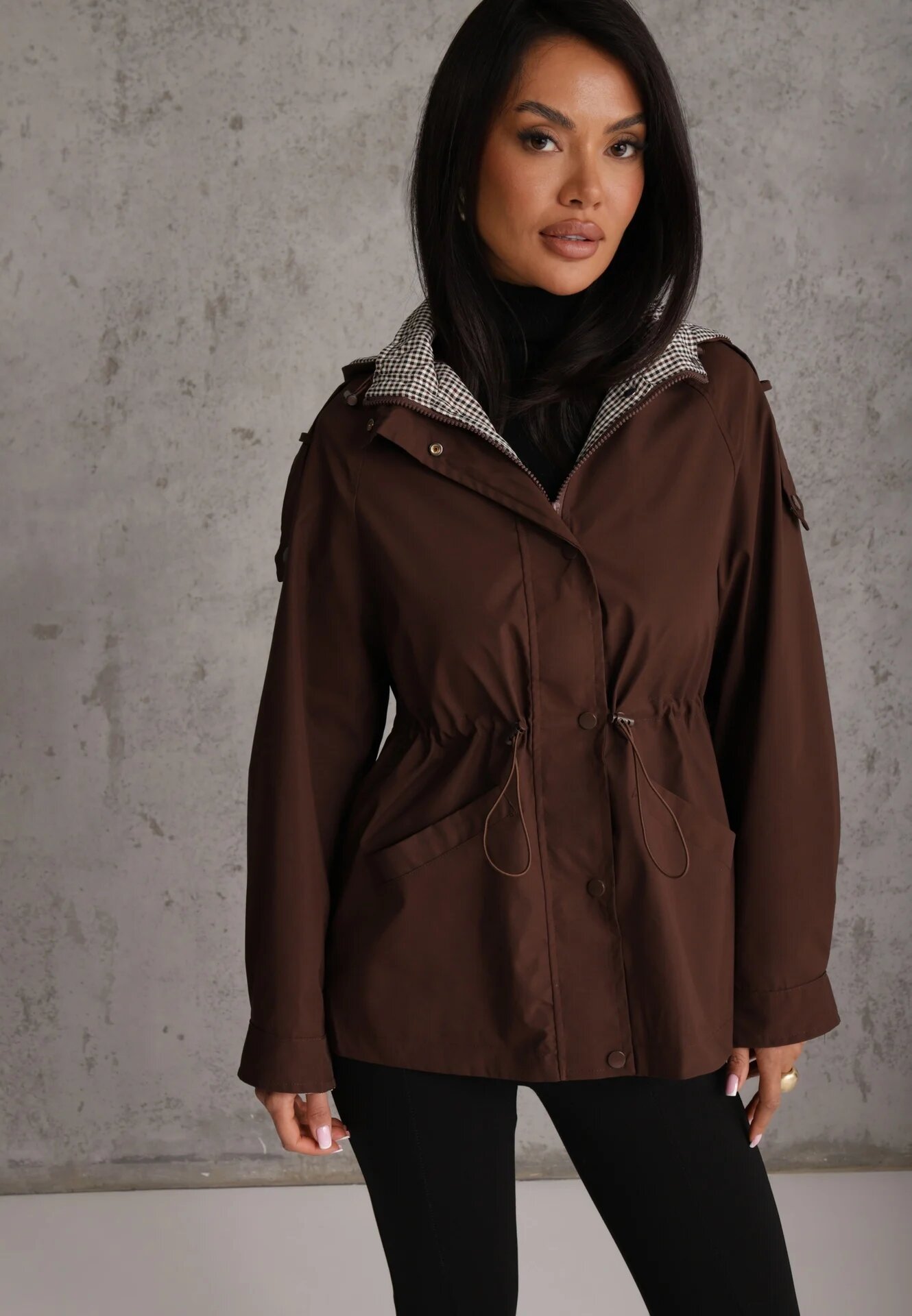 melya by melody Geacă Parka de tranziție cu glugă decorată cu model în carouri Isadorina Maro