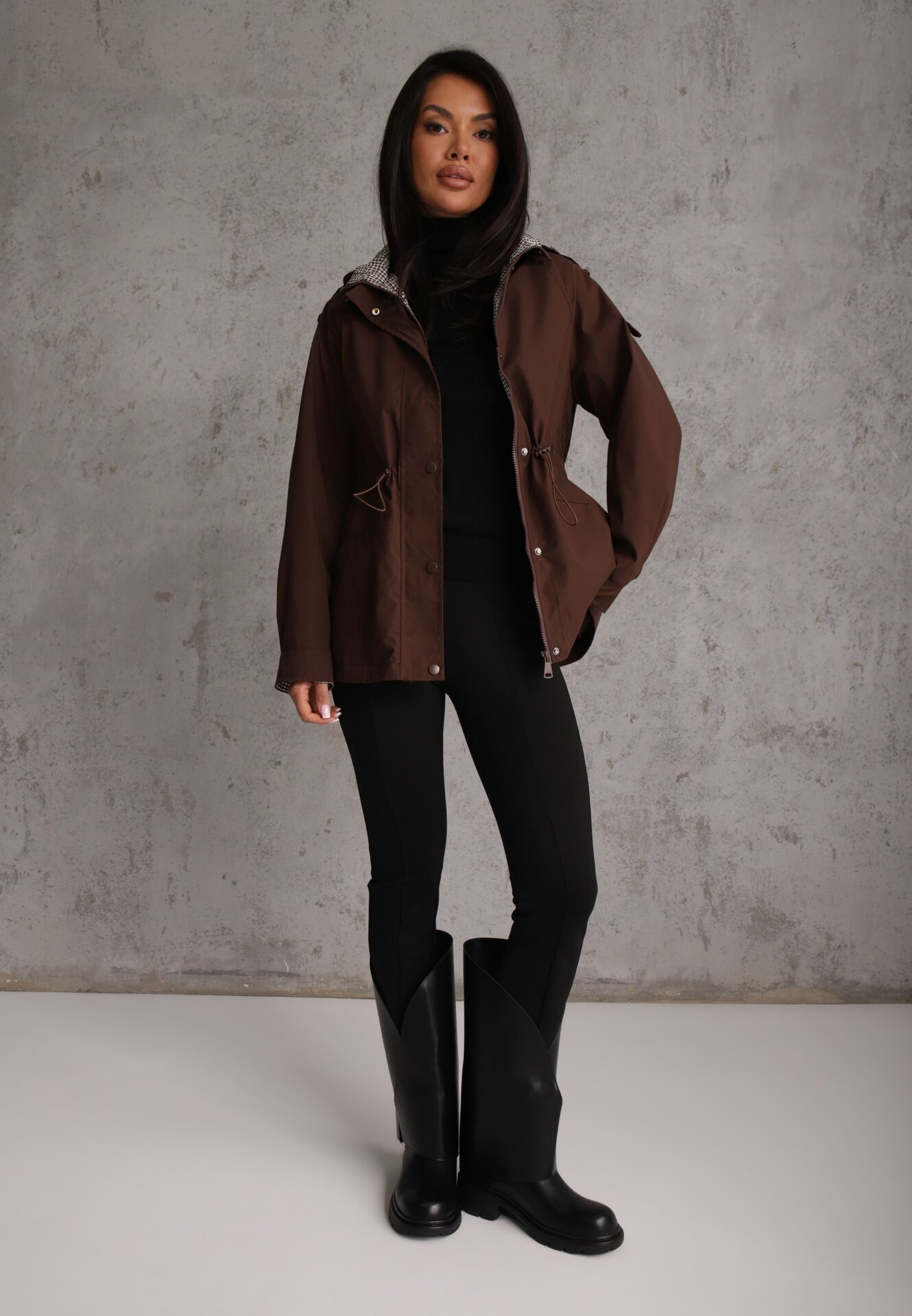 melya by melody Geacă Parka de tranziție cu glugă decorată cu model în carouri Isadorina Maro