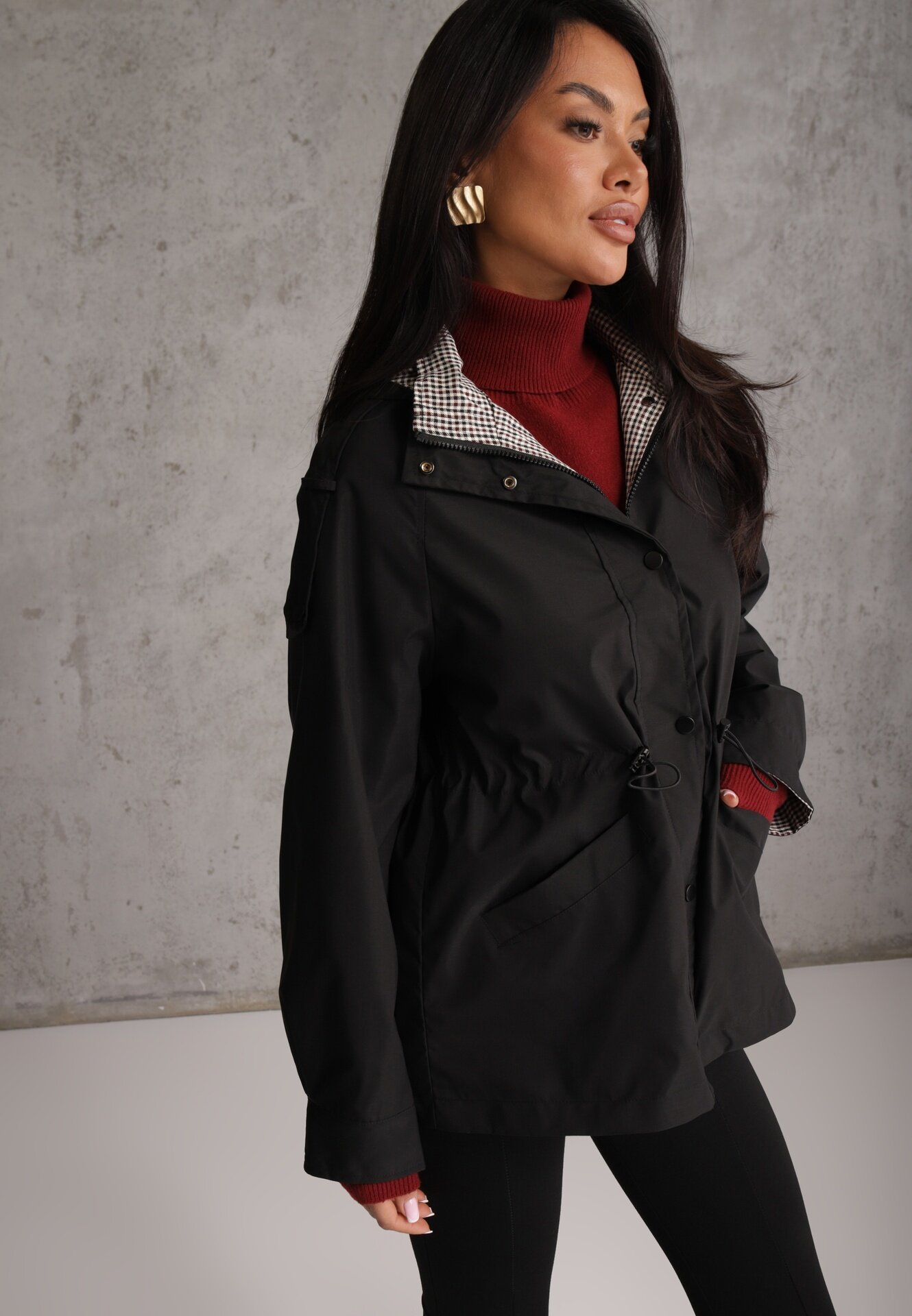 melya by melody Geacă Parka de tranziție cu glugă decorată cu model în carouri Isadorina Neagră
