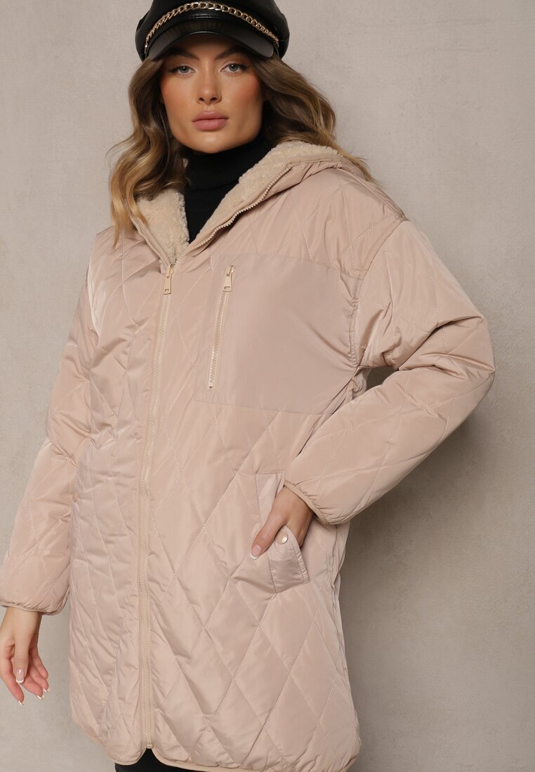 melya by melody Jachetă bej matlasată reversibilă cu blană și glugă Emalira
