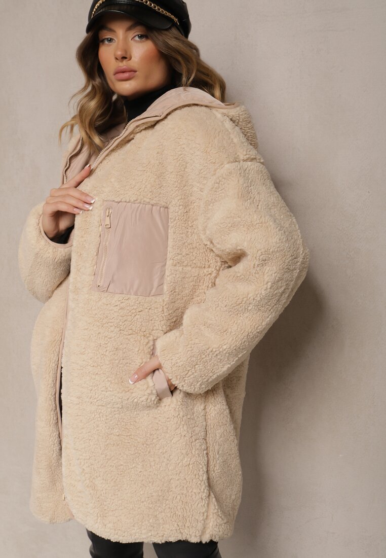 melya by melody Jachetă bej matlasată reversibilă cu blană și glugă Emalira