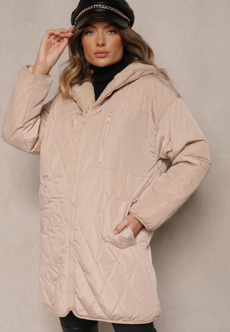 melya by melody Jachetă bej matlasată reversibilă cu blană și glugă Emalira