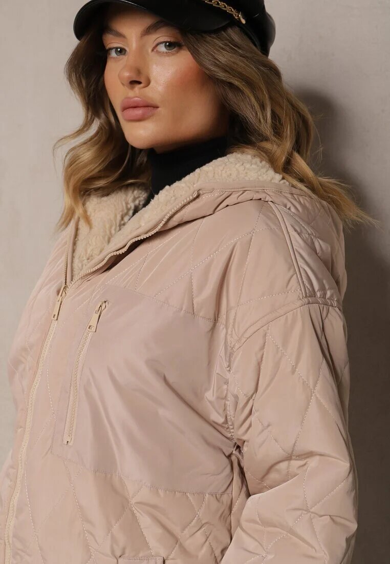 melya by melody Jachetă bej matlasată reversibilă cu blană și glugă Emalira