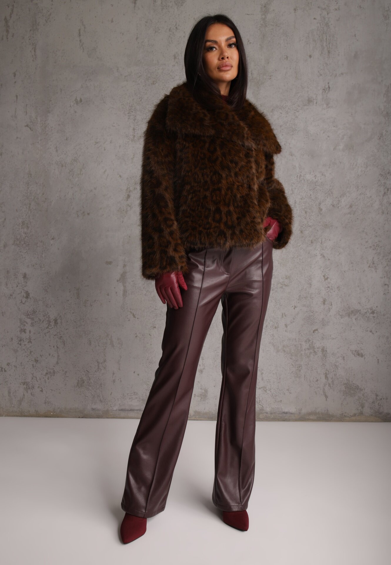 melya by melody Jachetă de blană maro cu imprimeu leopard cu buzunare laterale Neliven