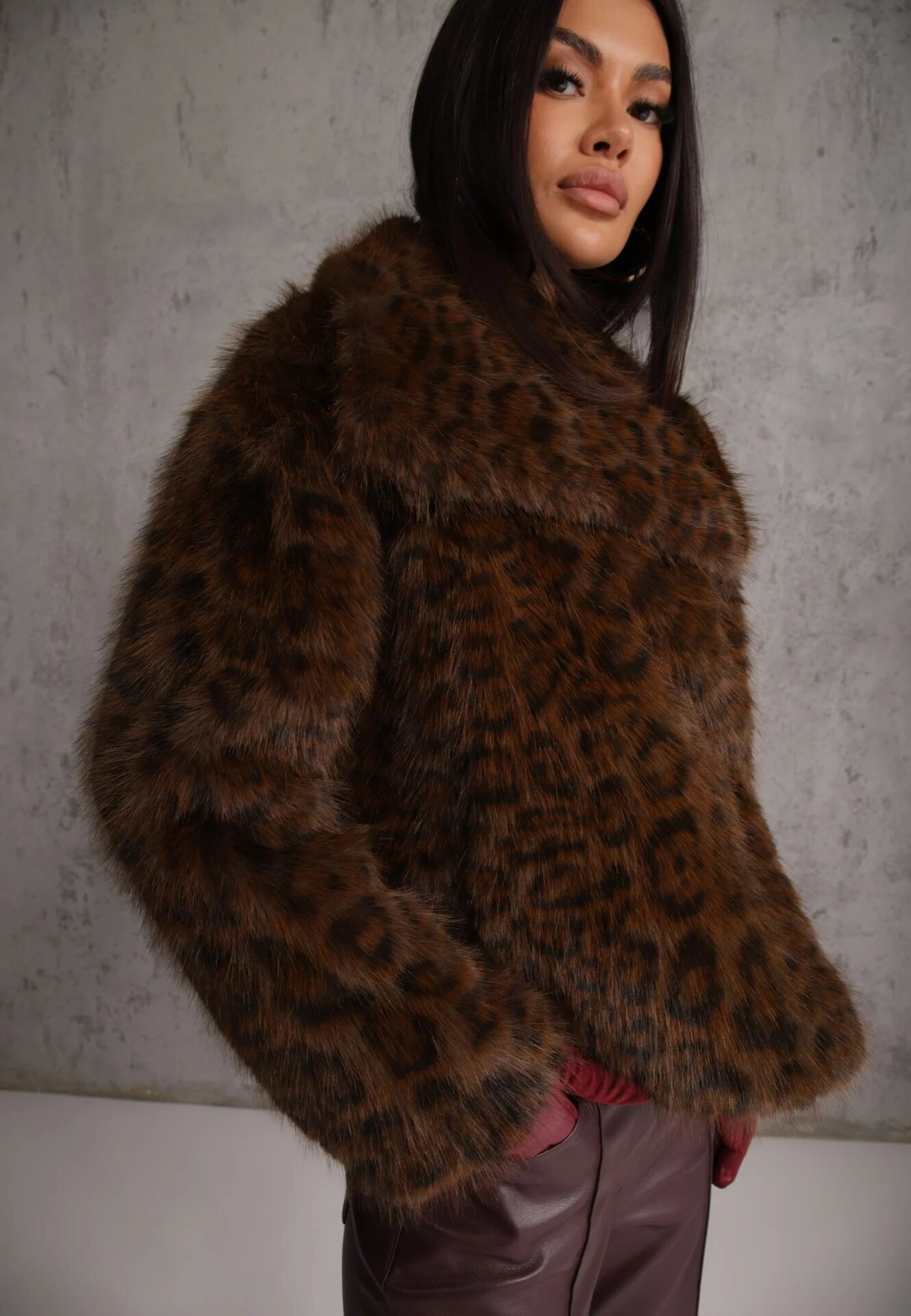 melya by melody Jachetă de blană maro cu imprimeu leopard cu buzunare laterale Neliven