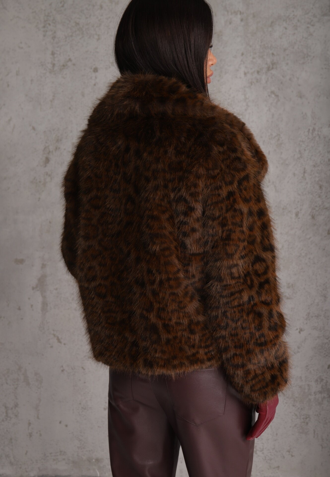 melya by melody Jachetă de blană maro cu imprimeu leopard cu buzunare laterale Neliven