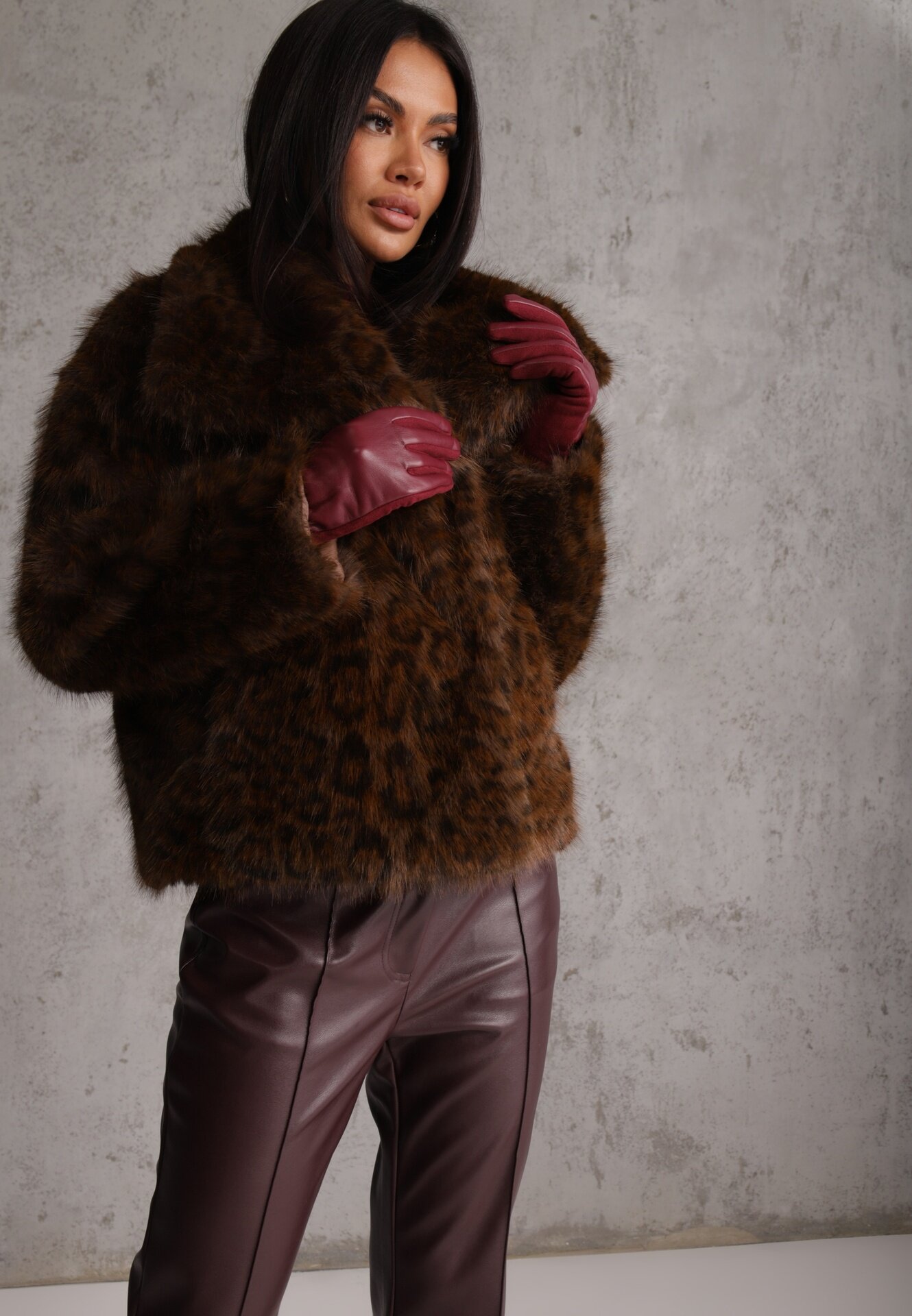 melya by melody Jachetă de blană maro cu imprimeu leopard cu buzunare laterale Neliven
