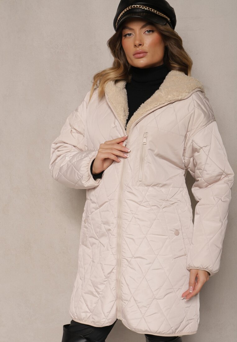 melya by melody Jachetă Matlasată Reversibilă Bej Deschis cu Blană și Glugă Emalira