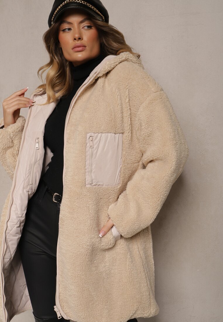 melya by melody Jachetă Matlasată Reversibilă Bej Deschis cu Blană și Glugă Emalira