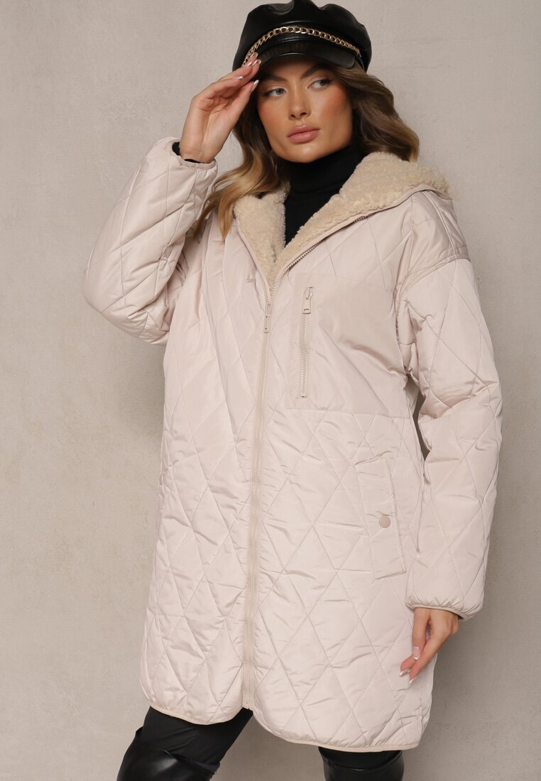melya by melody Jachetă Matlasată Reversibilă Bej Deschis cu Blană și Glugă Emalira