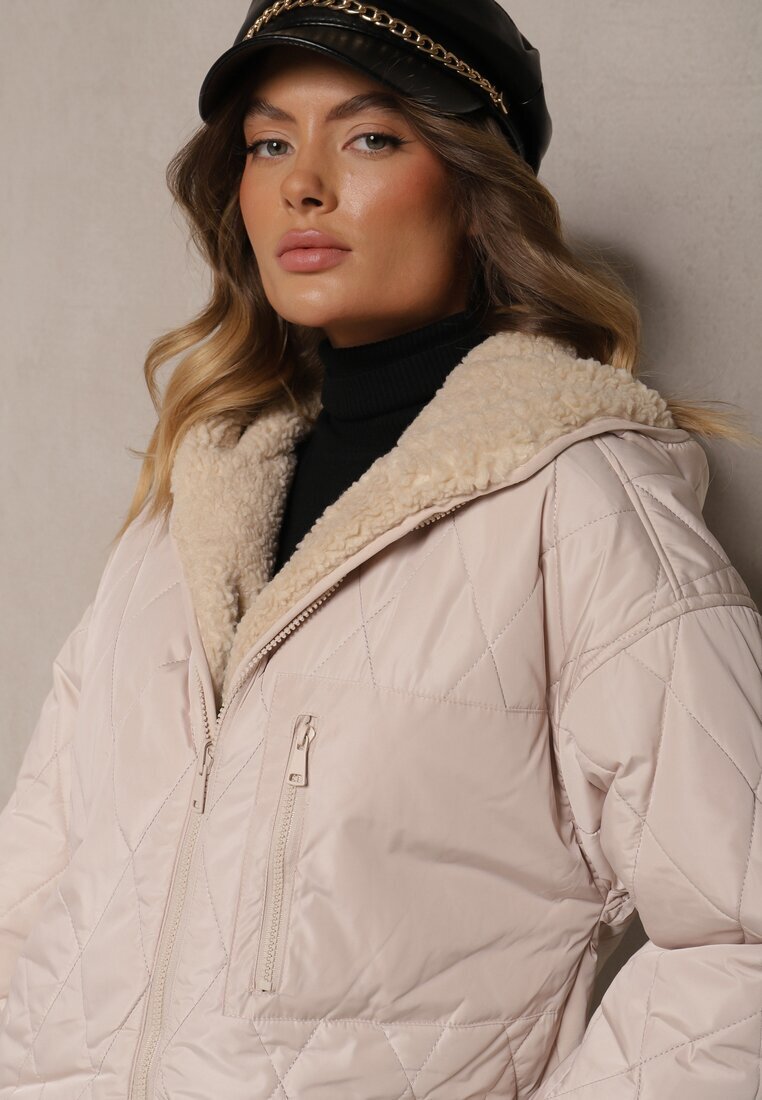 melya by melody Jachetă Matlasată Reversibilă Bej Deschis cu Blană și Glugă Emalira