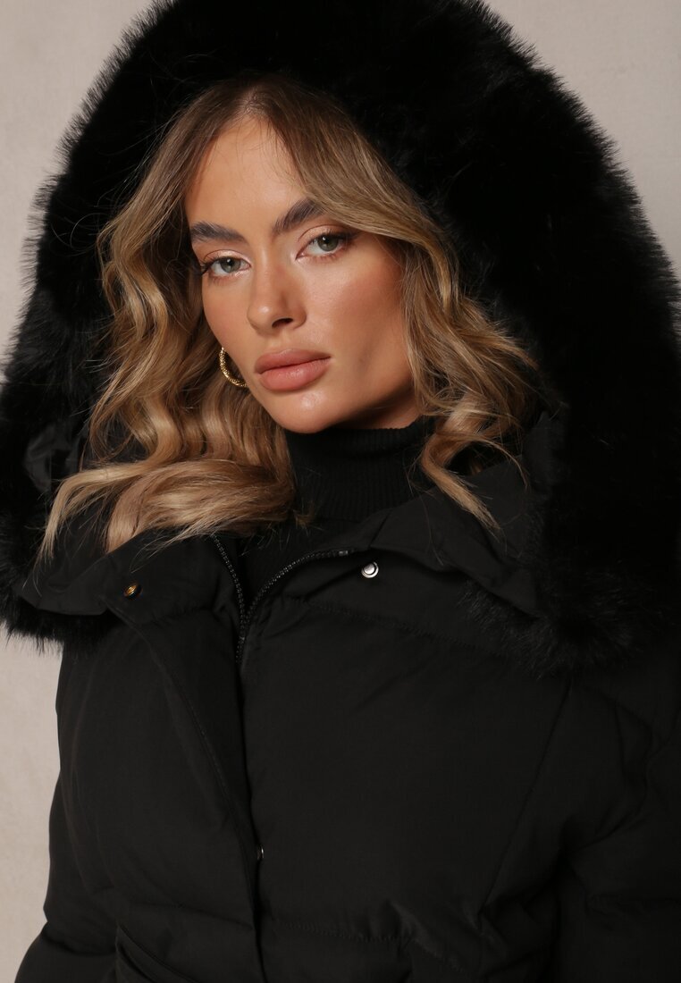 melya by melody Jachetă Neagră Legată Matlasată cu Glugă și Blană Elinerra