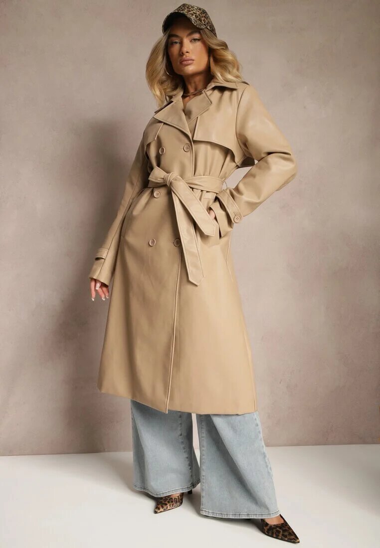 melya by melody Palton Trench Bej din Piele Ecologică Legat în Talie Decorat cu Curele Valentisha
