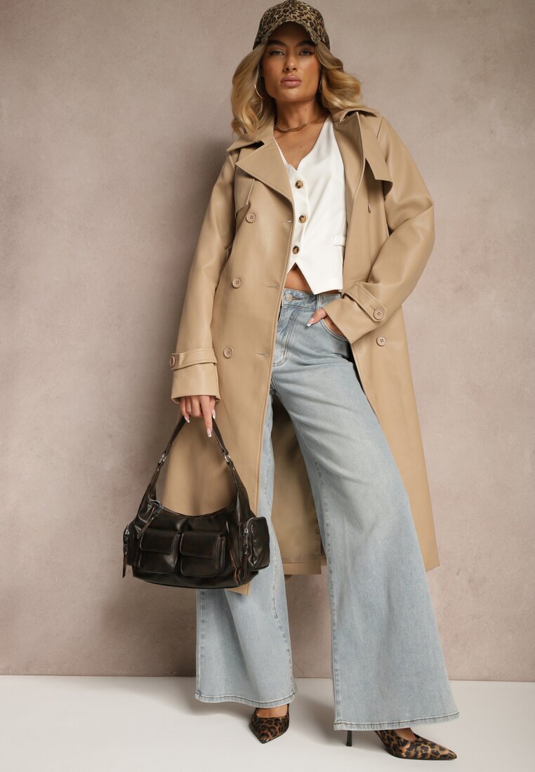 melya by melody Palton Trench Bej din Piele Ecologică Legat în Talie Decorat cu Curele Valentisha