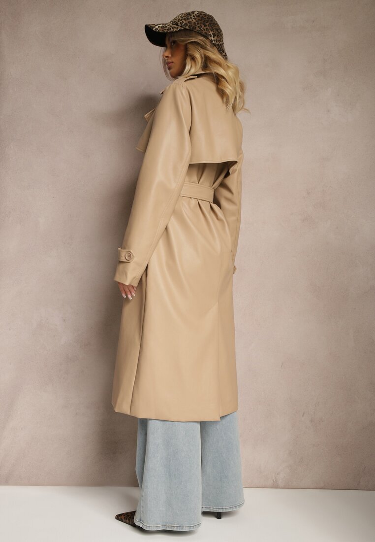 melya by melody Palton Trench Bej din Piele Ecologică Legat în Talie Decorat cu Curele Valentisha