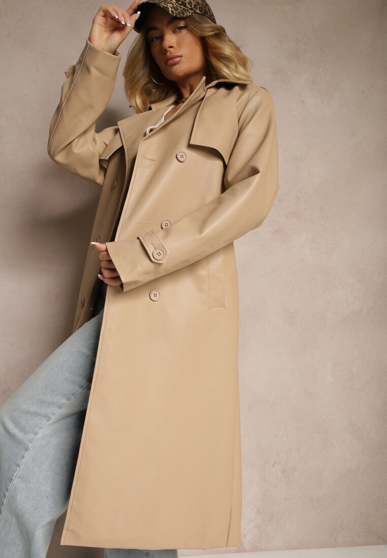 melya by melody Palton Trench Bej din Piele Ecologică Legat în Talie Decorat cu Curele Valentisha