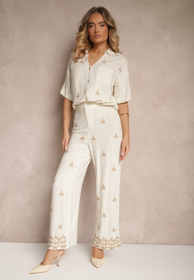 melya by melody Pantaloni Alb-Bej cu Viscoză și In Talie Înaltă cu Croială Largă cu Broderii Olerina